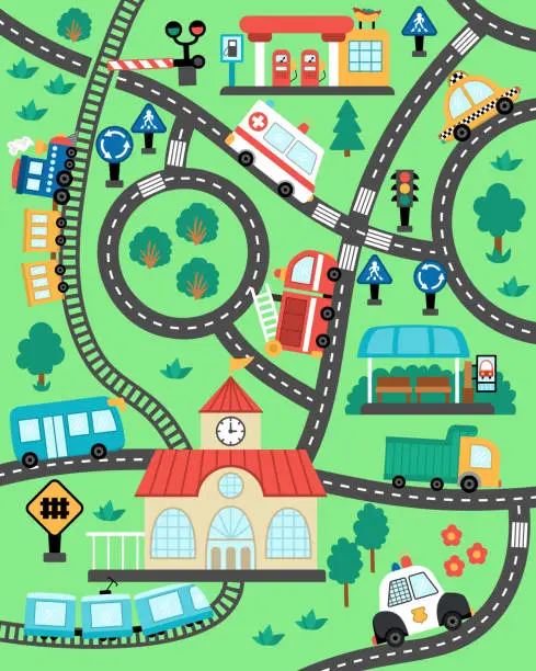 Vector illustration of City transport map. Background with railway, roads, traffic signs for kids. Vector infographic elements with train, cars, truck, bus. Urban plan with bus stop, gas station, cafe, railroad station