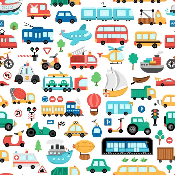 Vector illustration of Vector transportation seamless pattern. Funny water, land, air underground transport repeat background for kids. Cars and vehicles digital paper. Cute texture with train, truck, ship