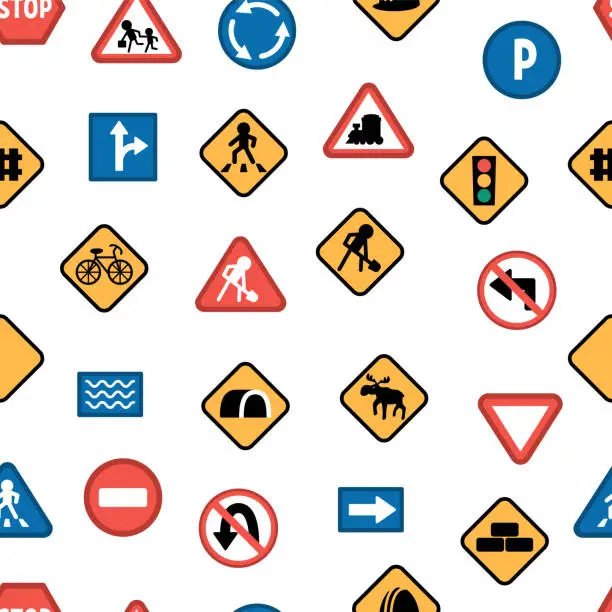 Vector illustration of Vector road signs seamless pattern. Railway and traffic street repeating background. Cute highway rules texture with traffic lights, stop, construction works plates, arrows