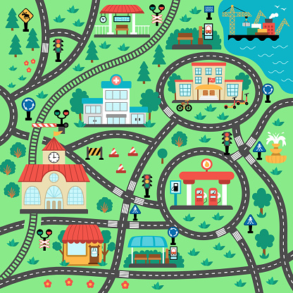 City transport map. Square shaped background with railway, roads, traffic signs for kids. Vector road trip playing mat for kids. Urban plan with school, railway station, bus stop, gas station, cafe, hospital