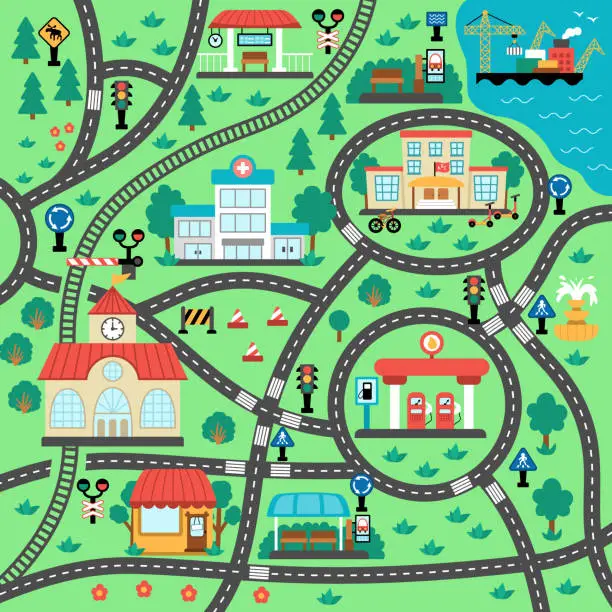 Vector illustration of City transport map. Square shaped background with railway, roads, traffic signs for kids. Vector road trip playing mat for kids. Urban plan with school, railway station, bus stop, gas station, cafe, hospital