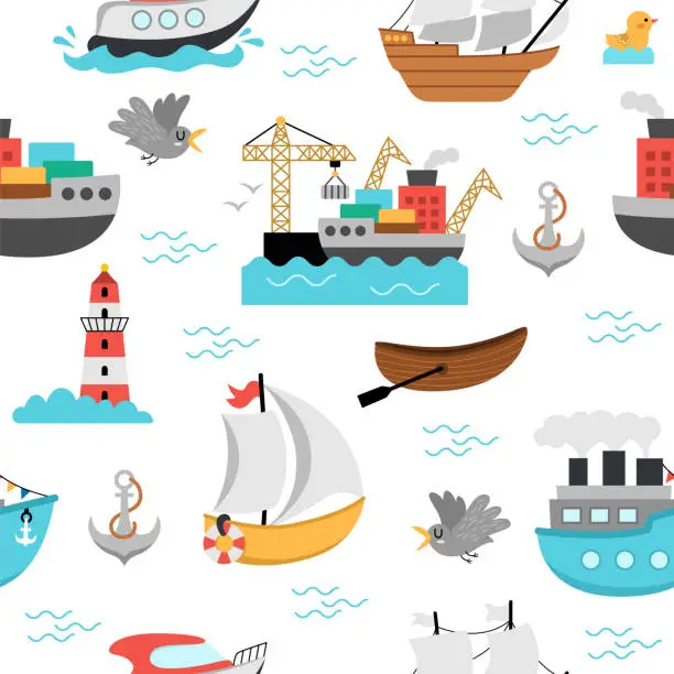 Vector illustration of Vector water transport seamless pattern. Funny nautical transportation repeating background with ship, boat, steamship, yacht for kids. Cute marine vehicles texture with anchor, lighthouse, seagull
