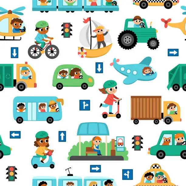 Vector illustration of Vector transportation seamless pattern with children. Funny water, land, air transport repeat background with drivers for kids. Cars and vehicles texture with train, truck, bus, plane