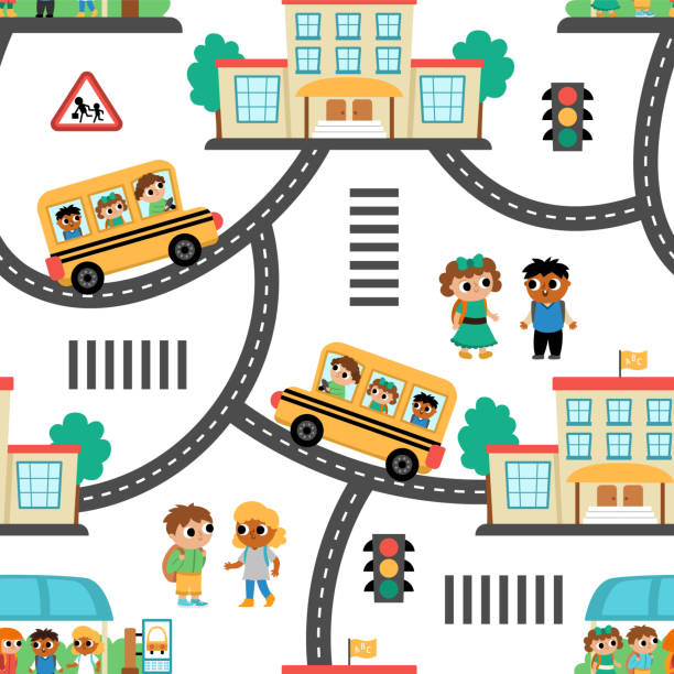 Vector transportation seamless pattern with children. Funny school bus repeating background with driver, little schoolchildren, bus stop, building for kids. Cute texture with boys and girls Vector transportation seamless pattern with children. Funny school bus repeating background with driver, little schoolchildren, bus stop, building for kids. Cute texture with boys and girls school bus stop stock illustrations