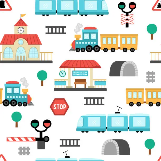 Vector illustration of Vector railway transport seamless pattern. Funny railroad transportation repeating background with train, steam train, tunnel for kids. Cute rail vehicles texture with semaphore, barrier