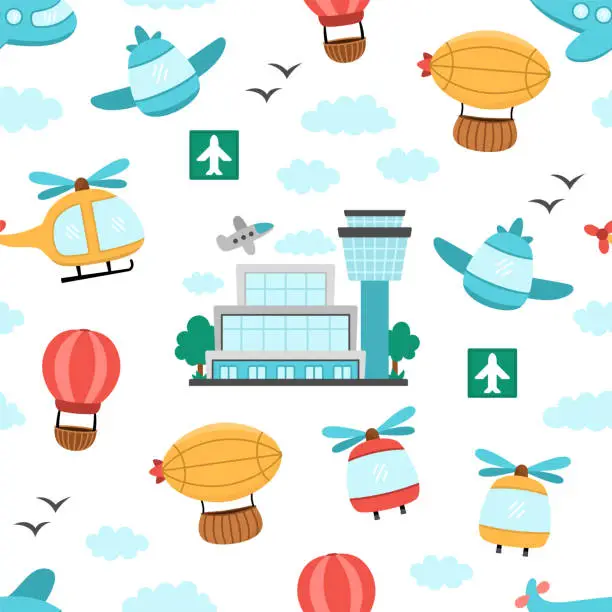 Vector illustration of Vector air transport seamless pattern. Funny transportation repeating background with plane, zeppelin, helicopter, hot air balloon, clouds, airport for kids. Cute airborne vehicles texture