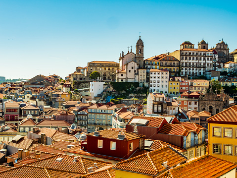 Stunning skyline of Porto old town from the hill of the main cathedral, Portugal