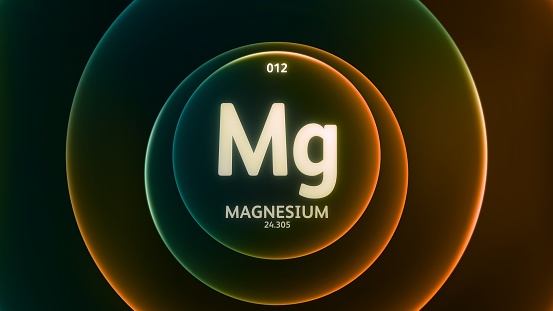 Magnesium as Element 12 of the Periodic Table. Concept illustration on abstract green orange gradient rings seamless loop background. Title design for science content and infographic showcase display.