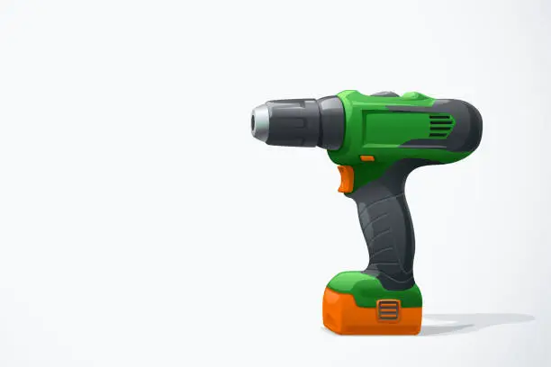 Vector illustration of green cordless screwdriver with shadow on white