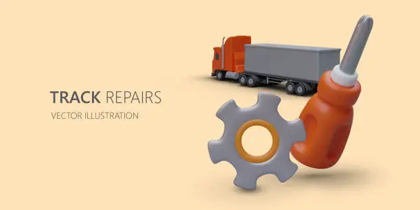 Vector illustration of Trucks repair. Assistance to truck drivers. Professional service, qualified workers