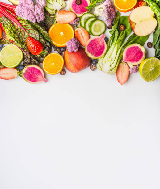istock Various summer fruits and vegetables on white background , top view. 1507044914