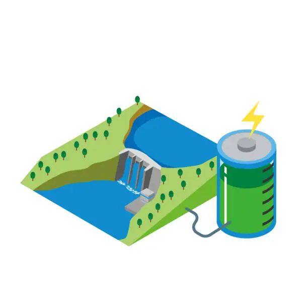Vector illustration of Image of hydroelectric power generation and storage batteries