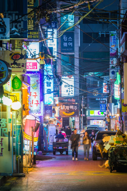 Seoul neon nights crowded shopping streets downtown cityscape Korea 2 stock photo