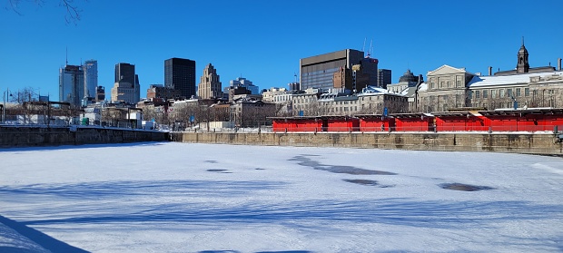 Panoramic view of downtown Montreal from the Old Port of Montreal.
