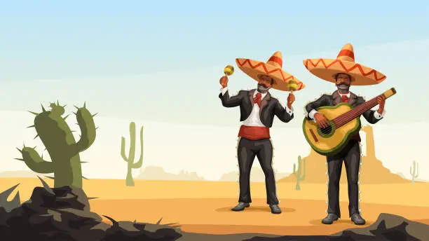 Vector illustration of two male mexican mariachi playing music outdoor