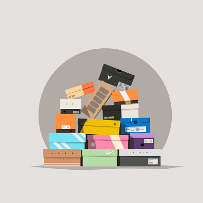 illustration of various shoe boxes lying in a pile cartoon style on white background