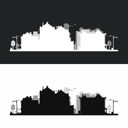 illustration of small city neighborhood quarters layered silhouette in set