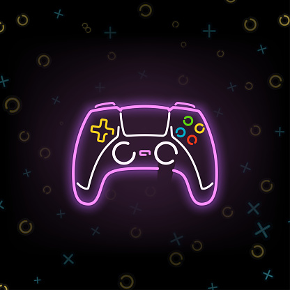 illsutration of gamepad silhouette made from glow lights on dark background
