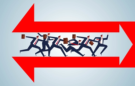 New directions and strategies, new choices and decisions, new ideas and plans, a group of businessmen running towards the red arrow inside another arrow in the opposite direction
