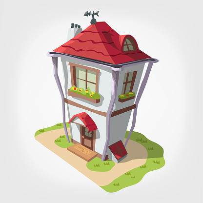 illustration of cartoon two floor cute white house with red roof