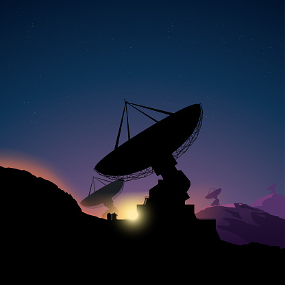 illustration of station of big telescopes pointed to deep space at sunset