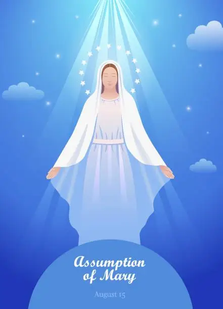Vector illustration of Holy Blessed Virgin Mary or Mother of God. Assumption of Mary.Vector illustration for Christian and Catholic communities, design, decoration of religious holidays, history