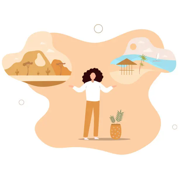 Vector illustration of Female character dream. Young woman represents sea or ocean. Employee looking forward to vacation, tourism and travel.flat vector illustration.