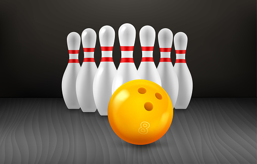 White billiard skittles and yellow ball on bowling valley. 3d vector clipart isolated on white background