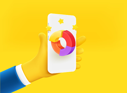 Businessman holding smartphone with pie chart on the screen. 3d vector illustration