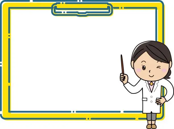 Vector illustration of A woman in a white coat explaining with a pointing stick in front of a large clipboard frame / illustration material (vector illustration)