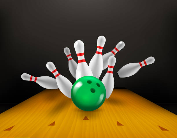 istock Billiard skittles and green ball on bowling valley. 3d vector illustration. Strike concept 1507161254