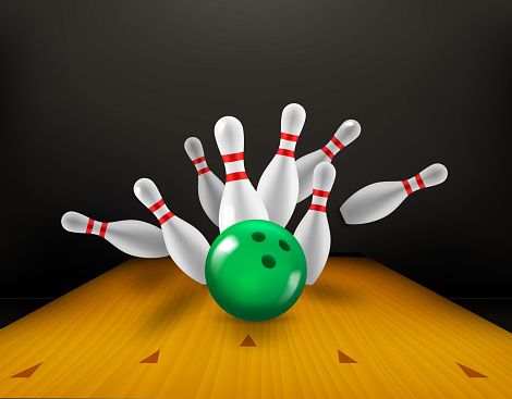 Billiard skittles and green ball on bowling valley. 3d vector illustration. Strike concept