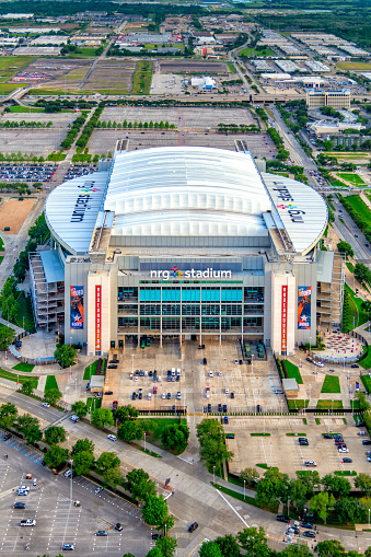 Houston, United States - April 13, 2023:  Aerial view of NRG Stadium, home to the NFL's Houston Texans, from an altitude of about 600 feet overhead during a helicopter photo flight.
