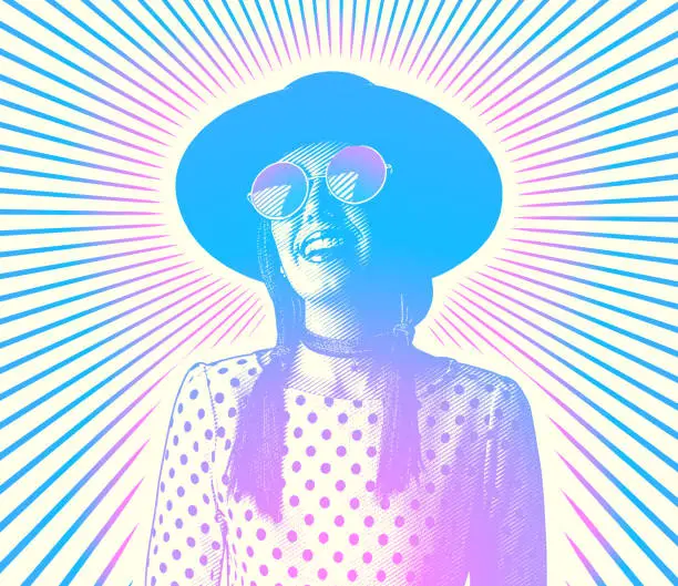 Vector illustration of Happy, smiling hipster woman with sunbeams