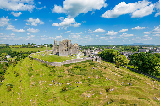Tipperary, Republic of Iresland - June 5, 2023: Aerial photo of Rock of Cashel and monastery in Cashel, County Tipperary, Republic of Ireland.