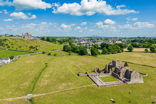 Tipperary, Republic of Iresland - June 5, 2023: Aerial photo of Rock of Cashel and monastery in Cashel, County Tipperary, Republic of Ireland.