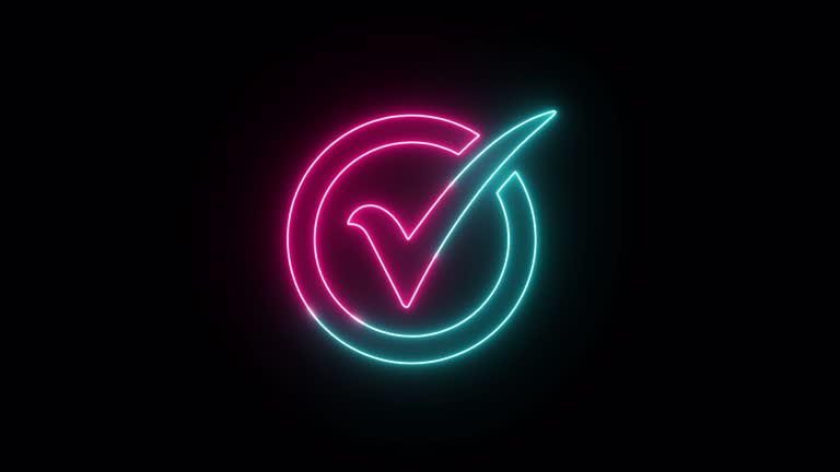 Right Icon , Neon Social Network, Media Platform Icons, Correct True Icon With Neon, Glowing Led Lights, Alpha Channel, Transparent, Shadow Overlay, Chroma, Apple Prores 4444