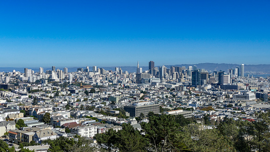 San Francisco Downtown and a perfect blue sky on a sunny day.