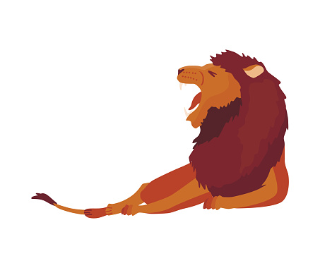 Proud powerful lion character. King of animal. Cartoon cute wild cat is lying. Isolated vector Illustrations on a white background.