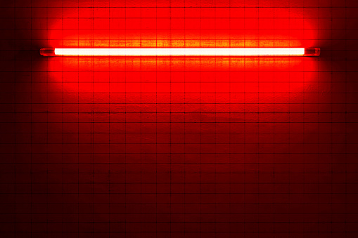 red neon bulbs on wooden wall, texture background.