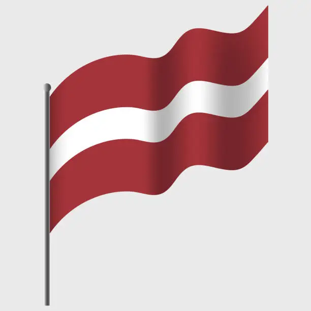 Vector illustration of Waved Latvia flag. Latvian flag on flagpole. Vector emblem of Latvia