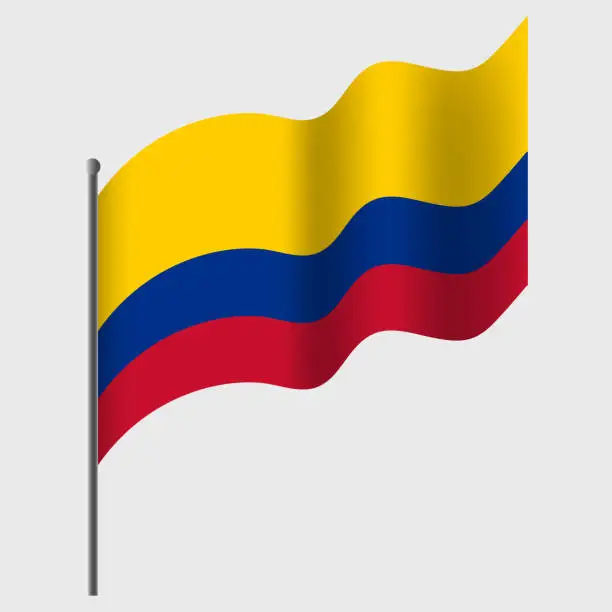 Vector illustration of Waved Colombia flag. Colombian flag on flagpole. Vector emblem of Colombia