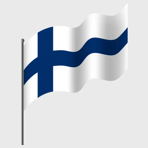 Vector illustration of Waved Finland flag. Finnish flag on flagpole. Vector emblem of Finland