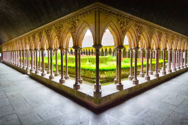 The Garden Cloister inside the abbey of Mont Saint-Michel in Normandy, France