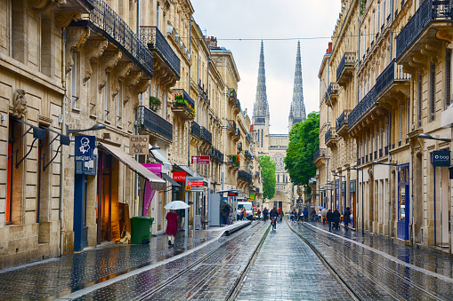 Cityscape view with saint Bordeaux cathedral on background in France