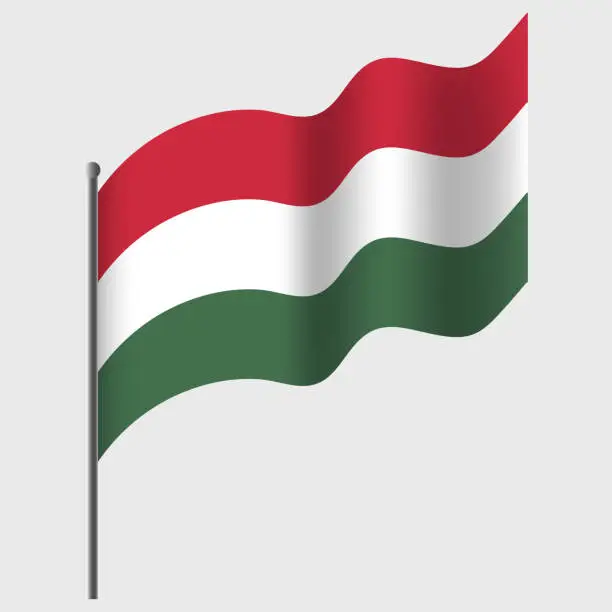 Vector illustration of Waved Hungary flag. Hungarian flag on flagpole. Vector emblem of Hungary