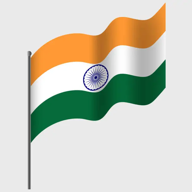 Vector illustration of Waved India flag. Indian flag on flagpole. Vector emblem of India