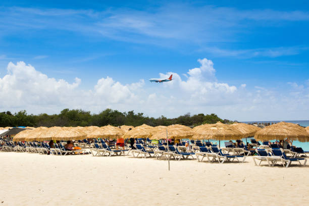 Airplane shadow flying over beach.