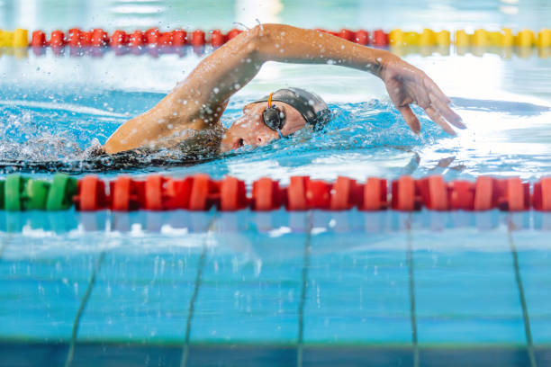 nadadora profesional nadando la brazada de crol delantero - lap pool fotos fotografías e imágenes de stock
