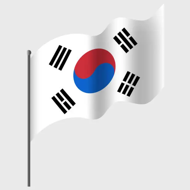 Vector illustration of Waved South Korea flag. Korean flag on flagpole. Vector emblem of South Korea